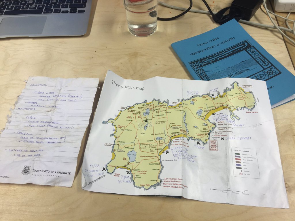 Our working notes: Tiree Tales, map of the island, and a manifest of required locations.